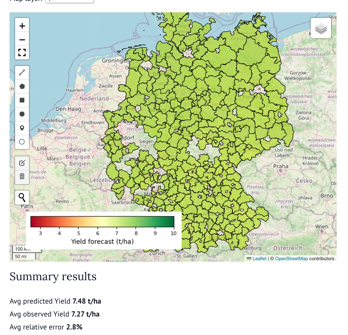 =565x544 Yield forecasts display page showing predicted yields for each region in Germany